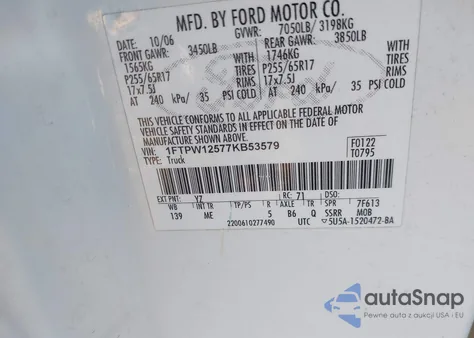 2007 Ford F-150 Lariat/Xlt z USA, uszkodzony, nr VIN 1FTPW12577KB53579